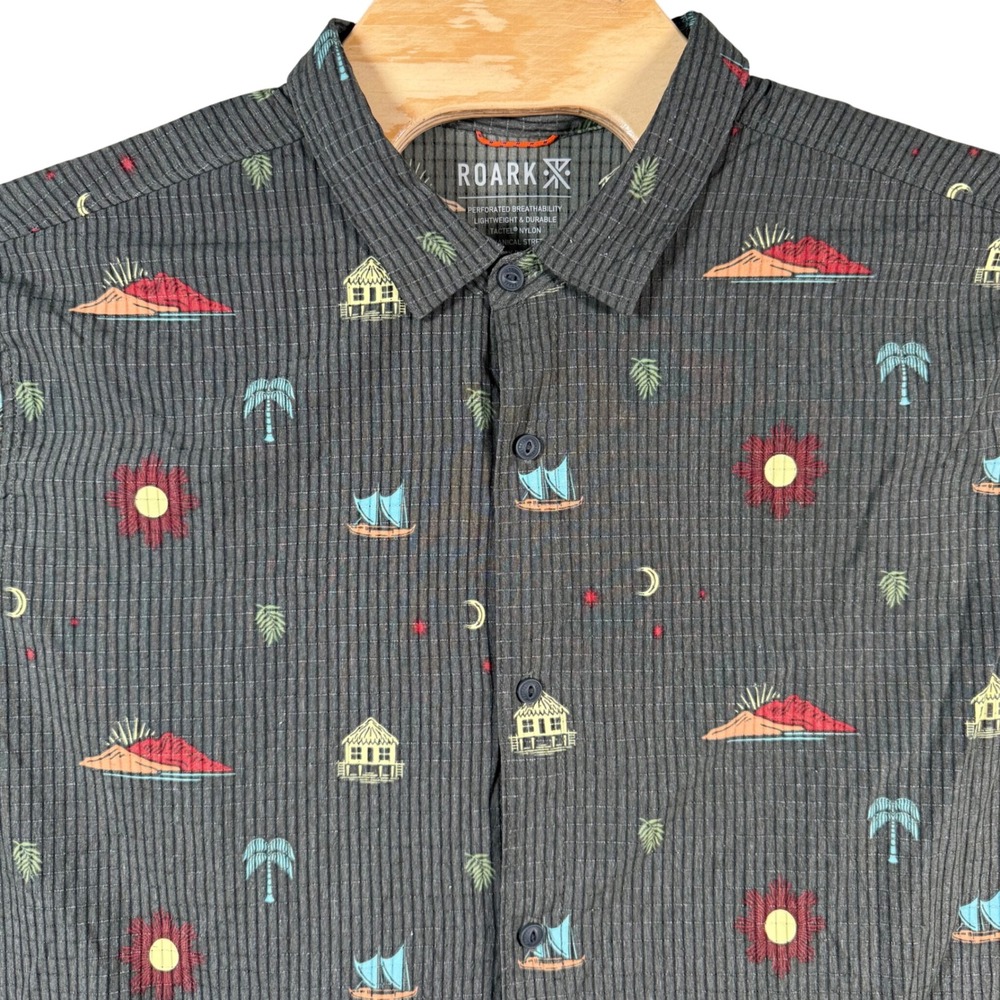 Roark Shirt Bless Up Men XXL Grey Perforated Stretch Short Sleeve Island Print